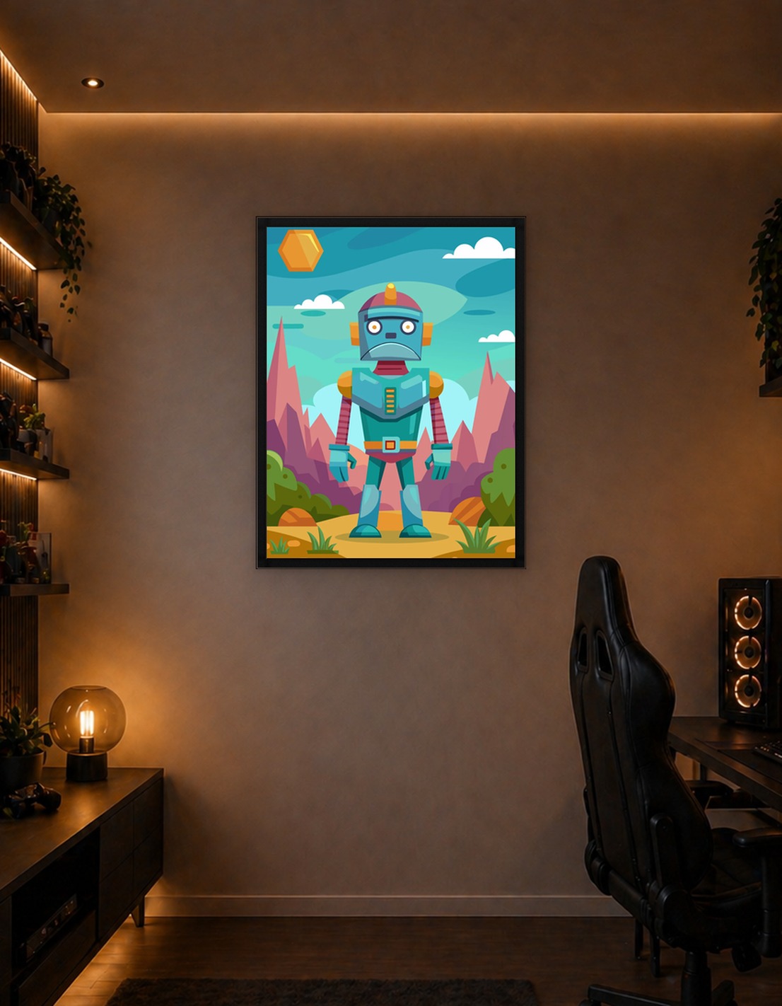 Sad Robot in a Pixelated Landscape
