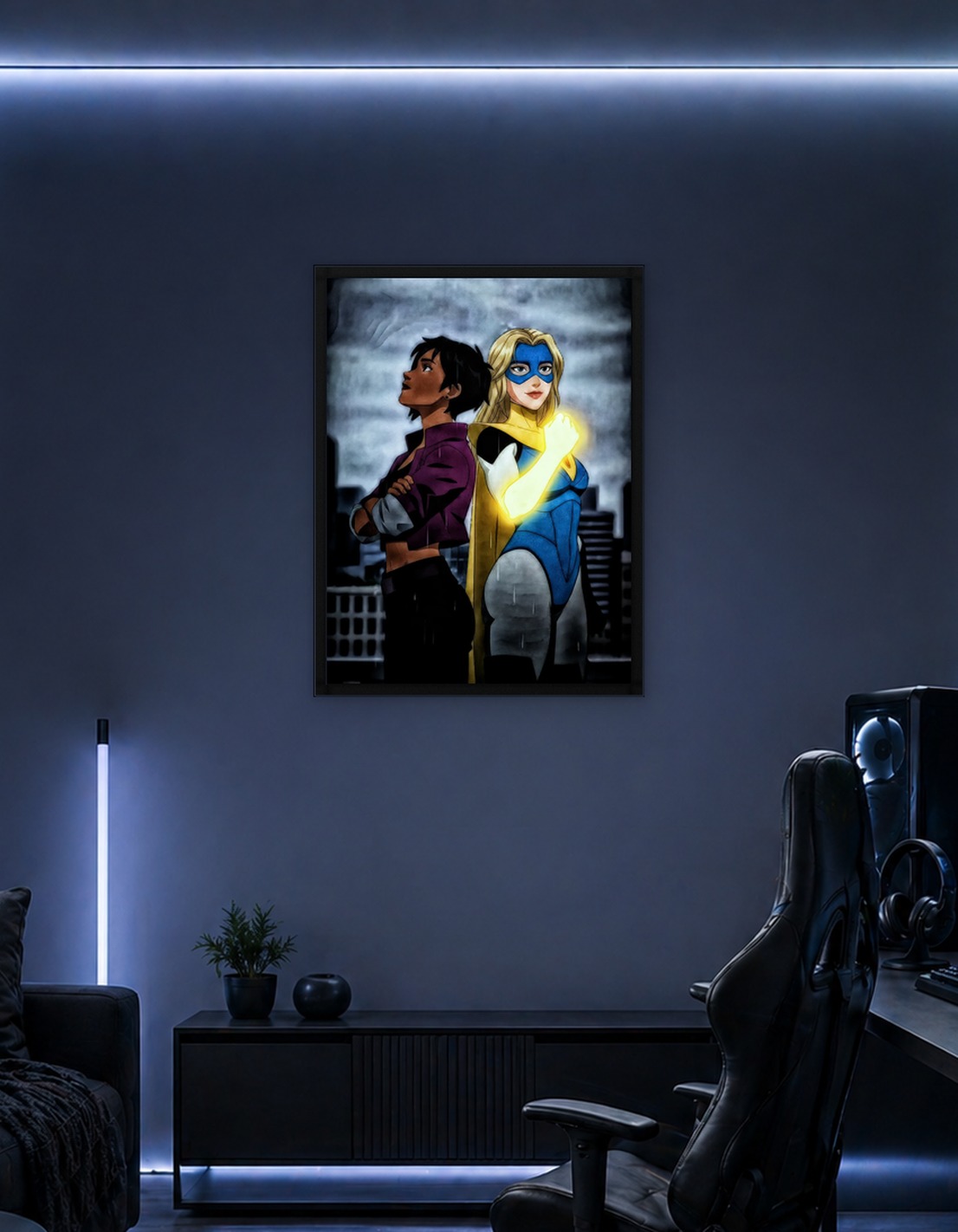 Two Superheroines Back-to-Back in Rain