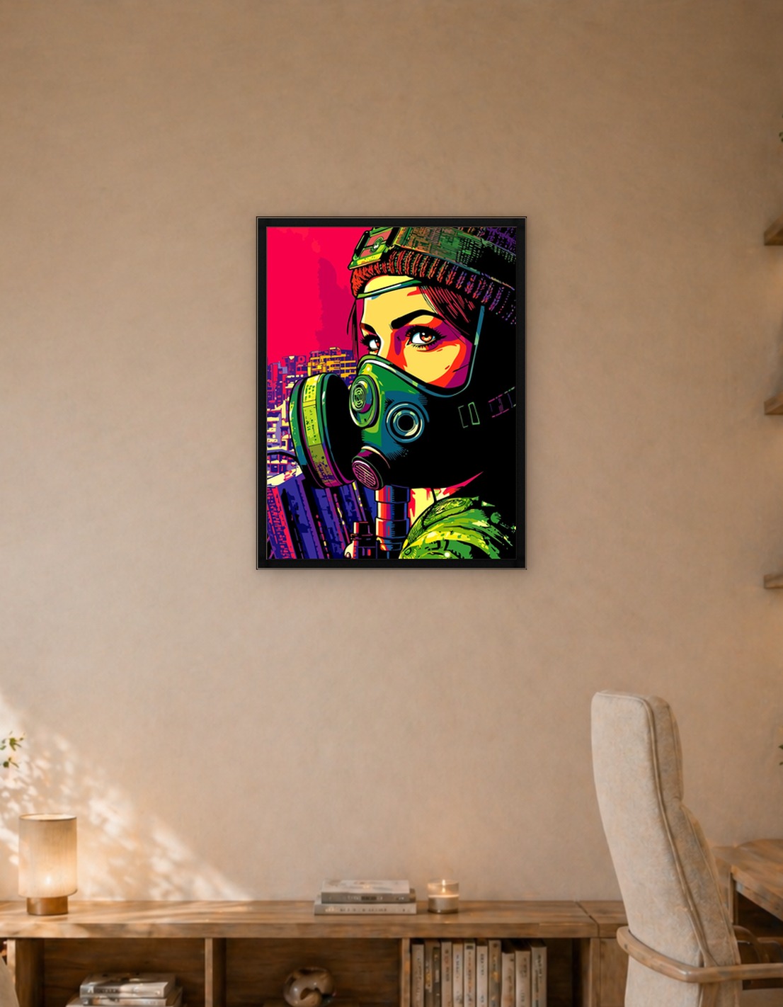 Woman in Gas Mask Over Cityscape