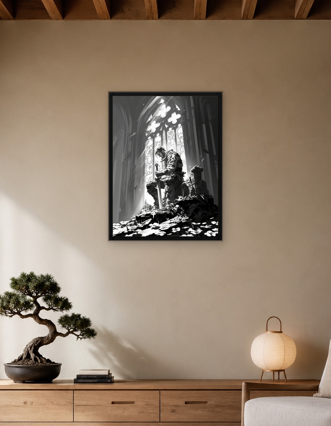 Pensive Knight in Ruined Cathedral