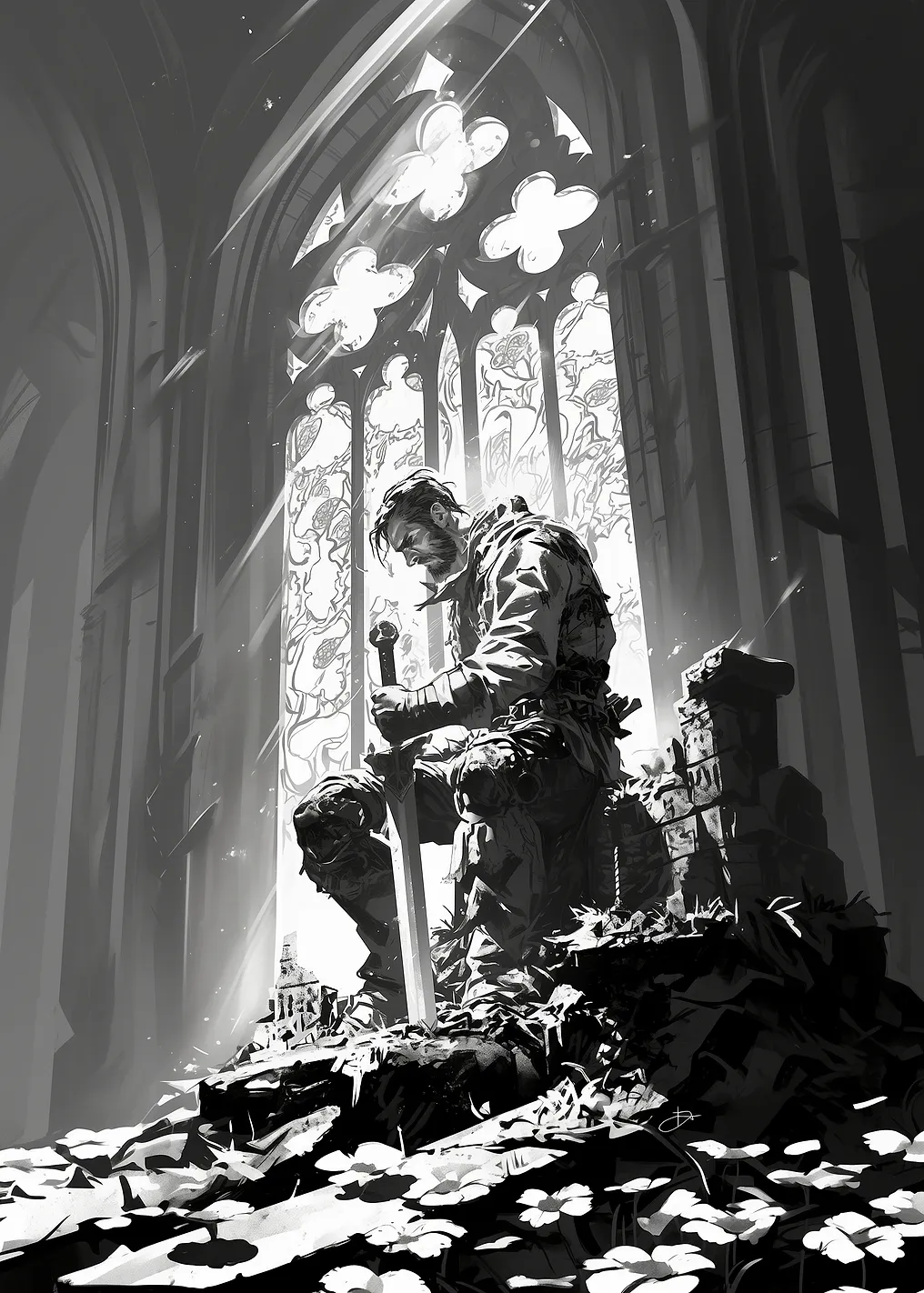 Pensive Knight in Ruined Cathedral