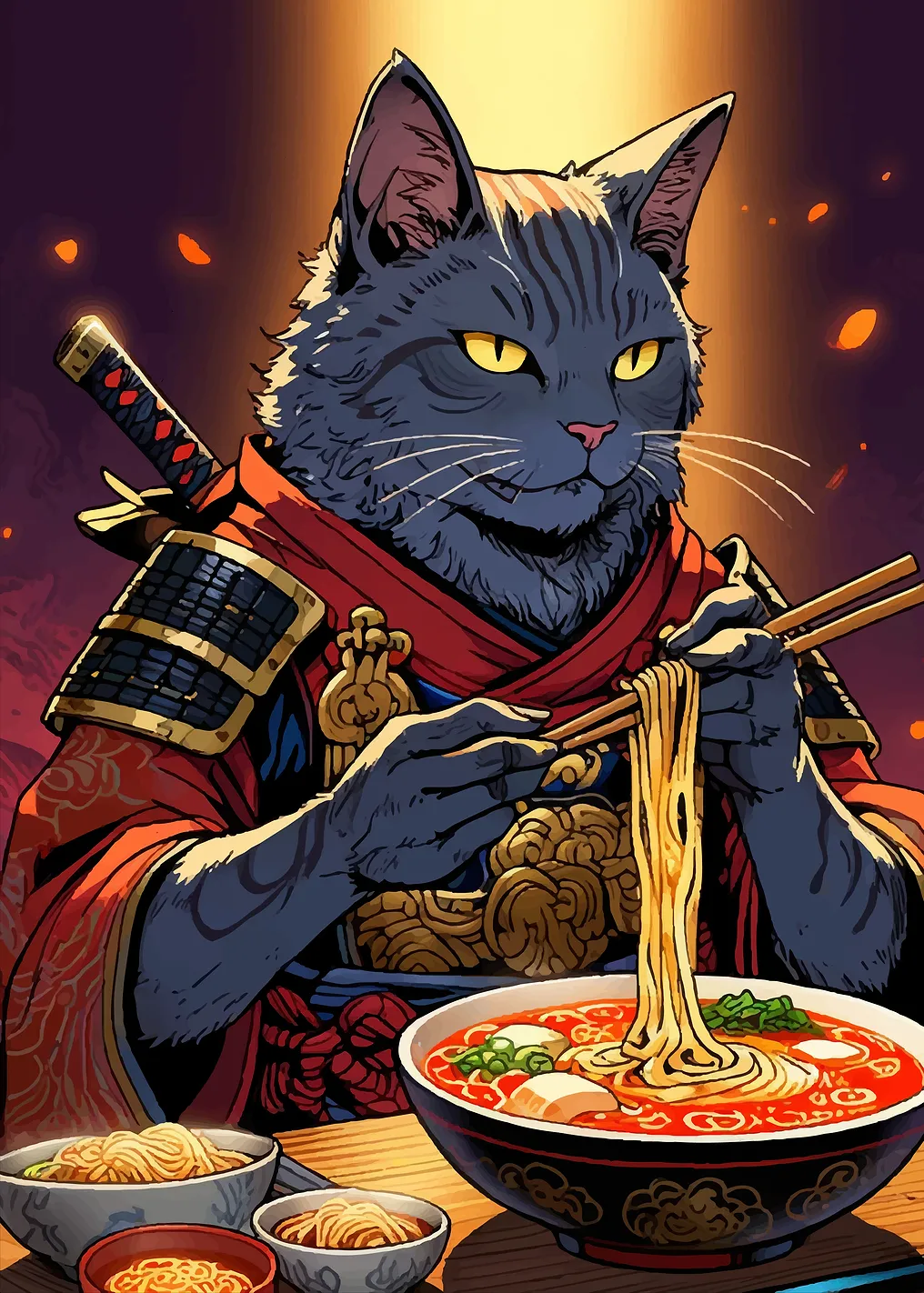 Samurai Cat Eating Ramen