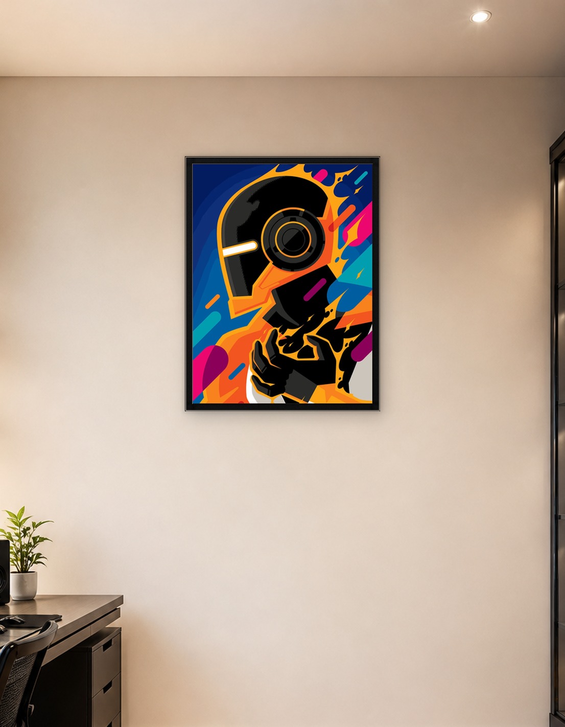 Robot with fiery aura and abstract background