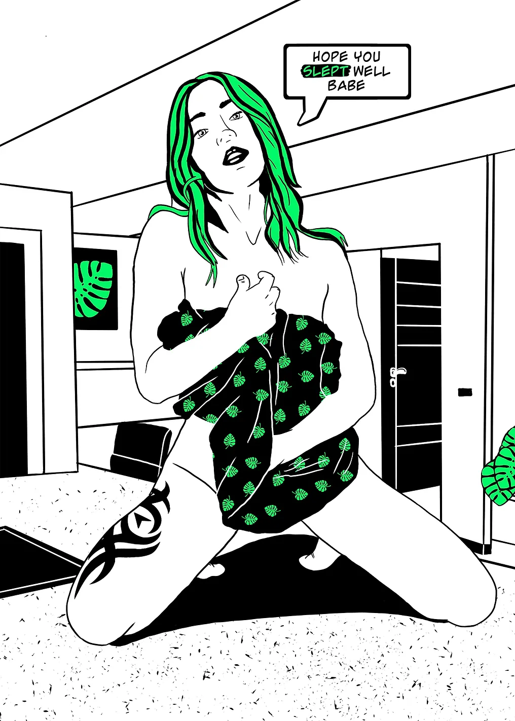 Sexy comic girl in kitchen