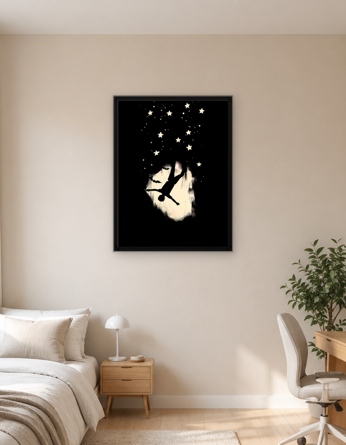 Silhouette of a person falling among stars