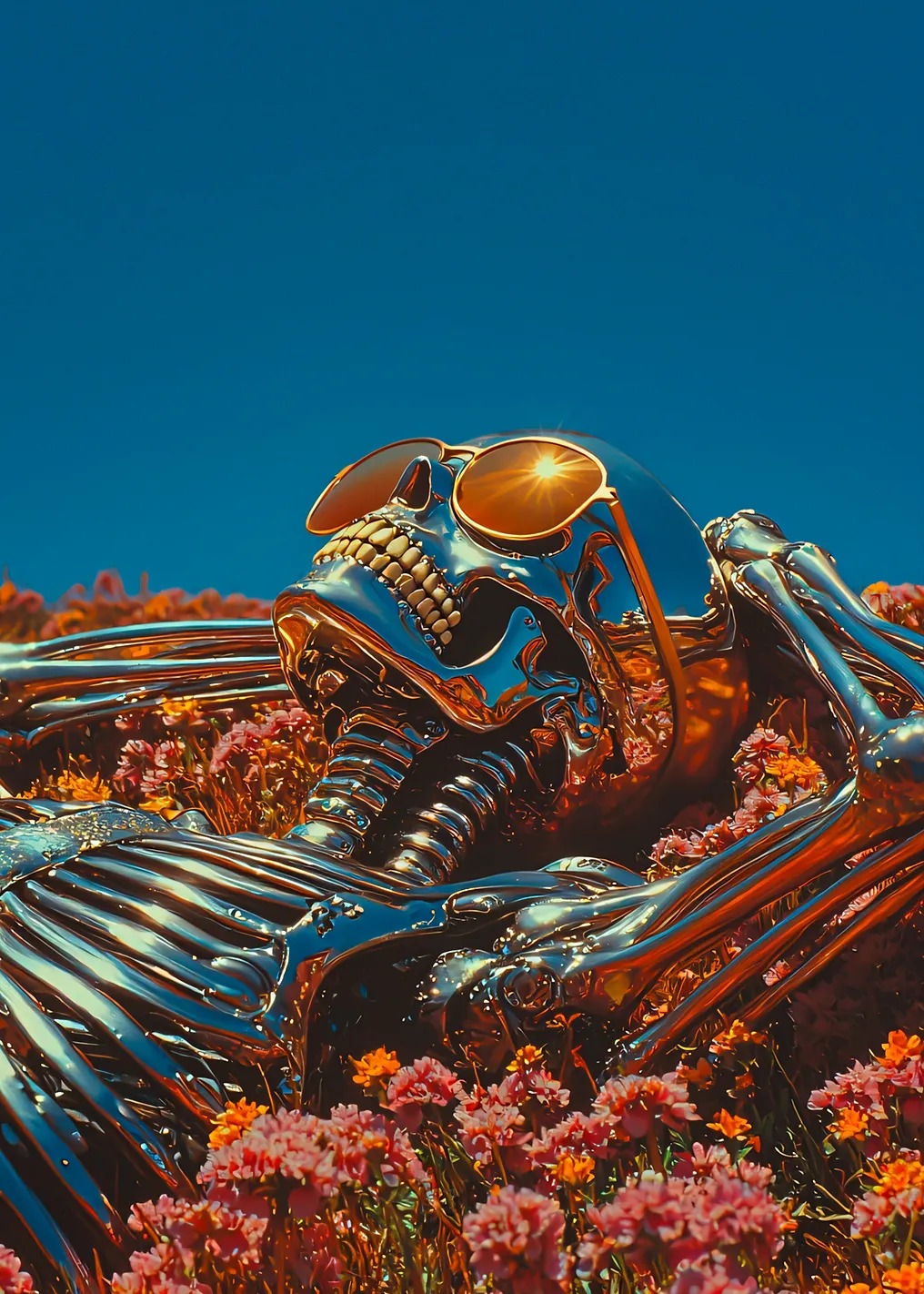 Skeleton in Sunglasses in a Flower Field