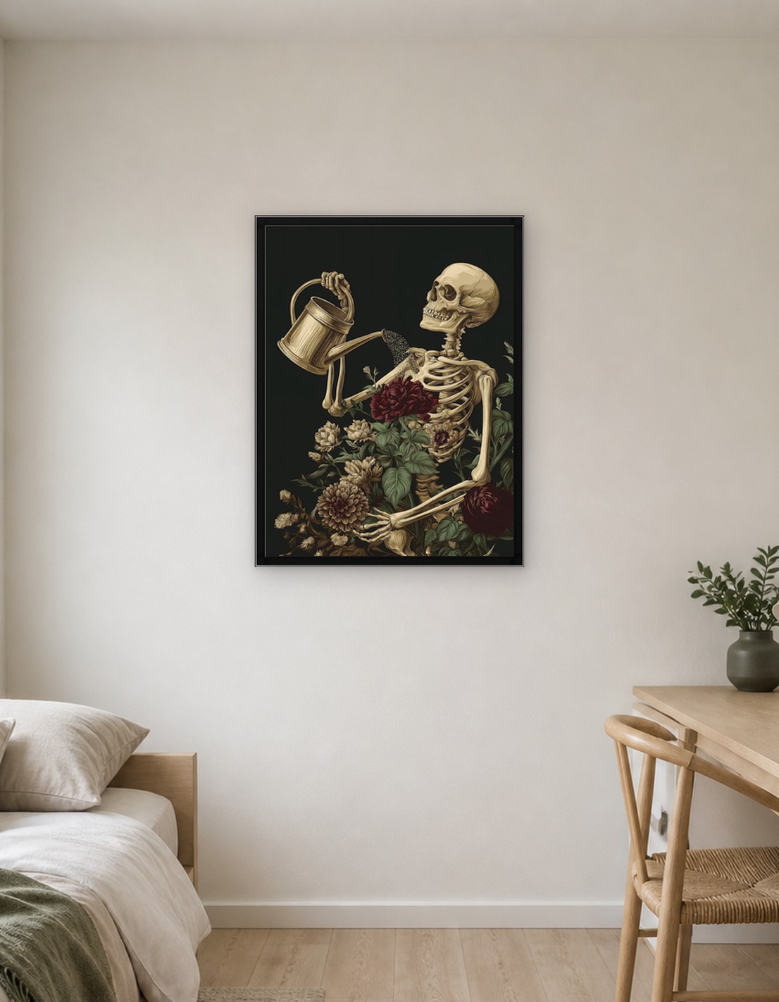 Skeleton watering flowers