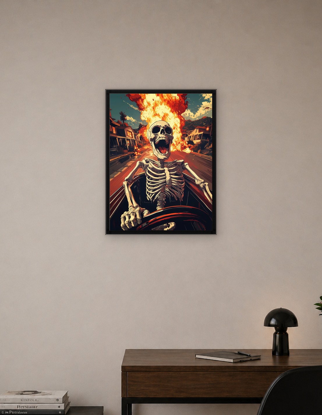 Skeleton driving through fire