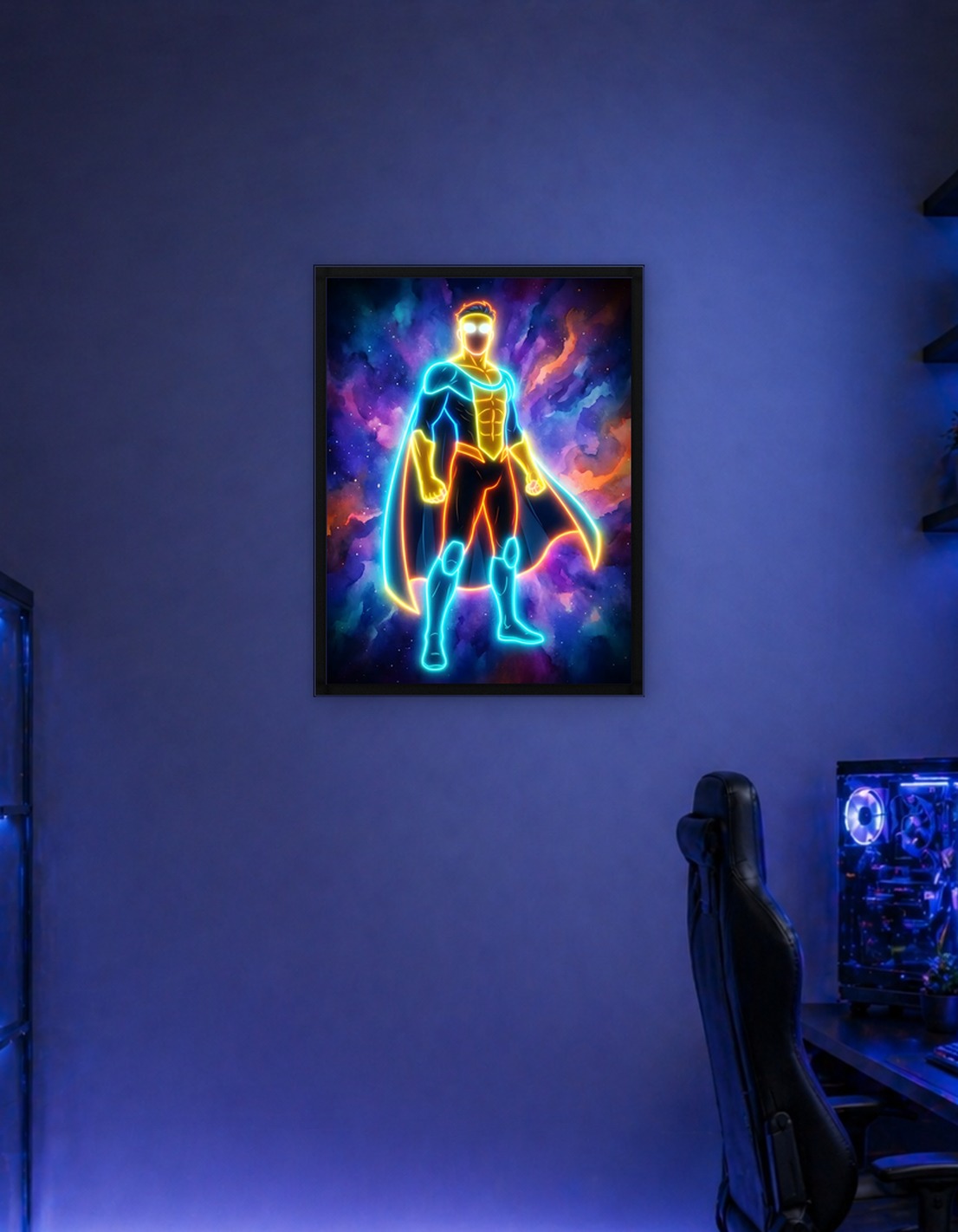 Superhero in Neon Cosmic Background