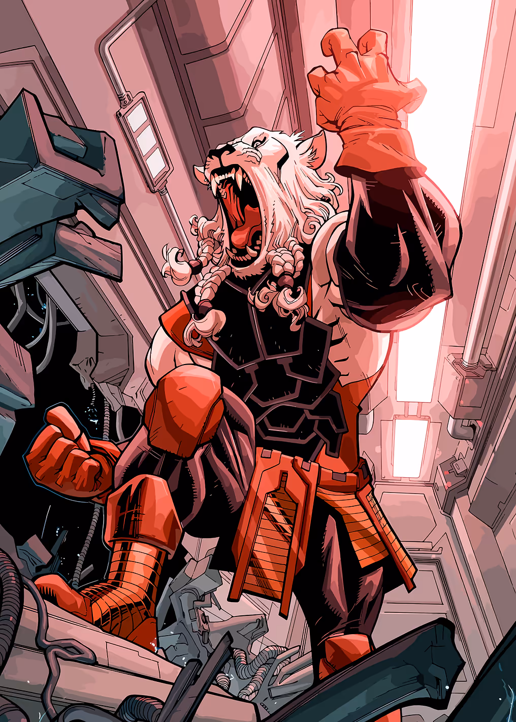 Tiger-like warrior roaring in a spaceship