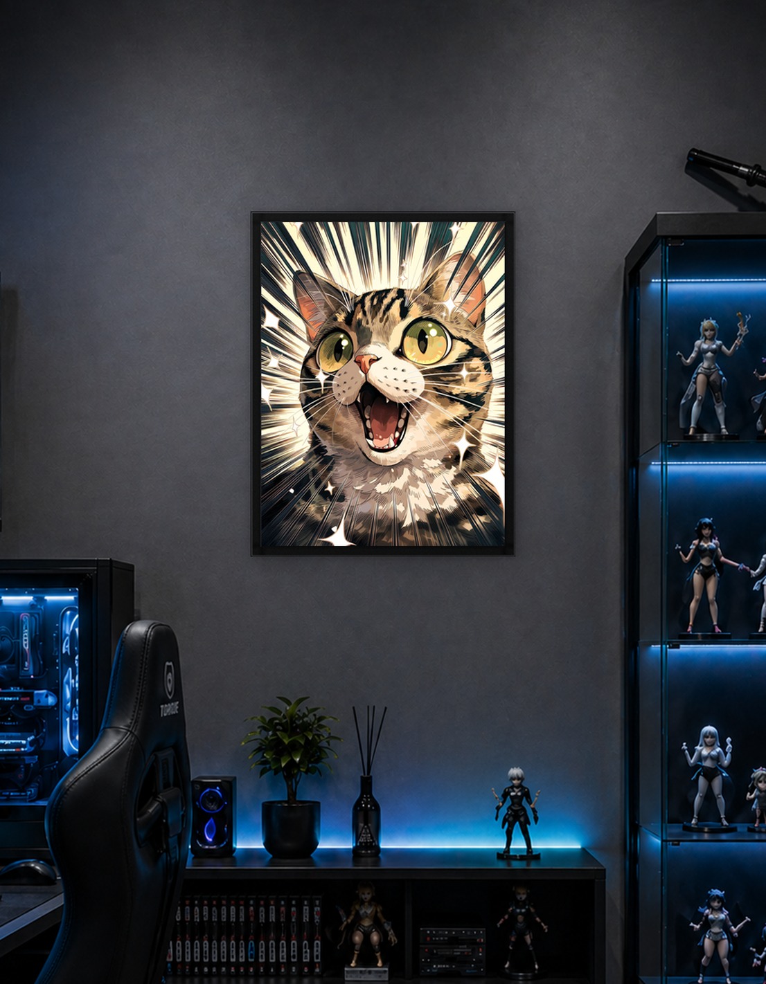 Surprised cat with wide eyes comic style