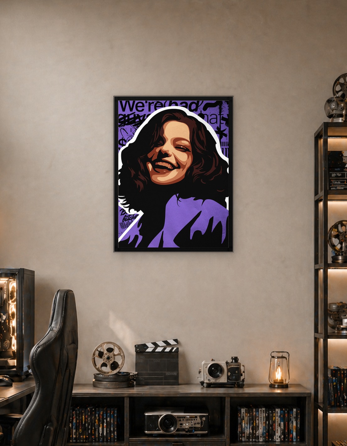 Smiling Woman and Villain in a Pop Art Collage on a Purple Background
