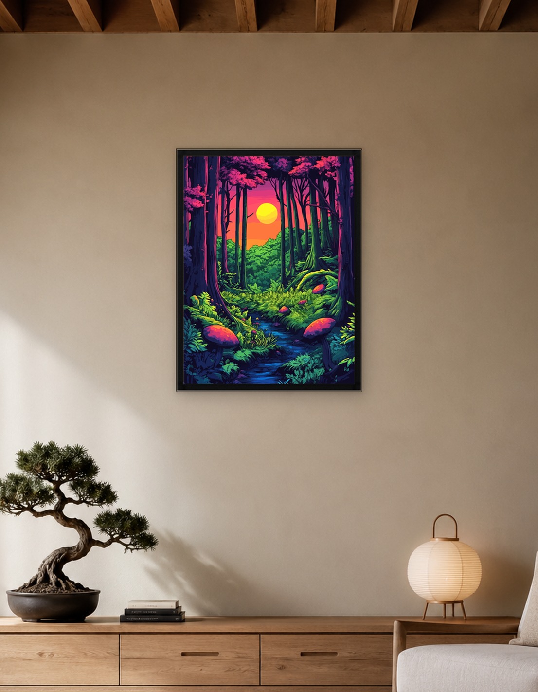 Vibrant Retro Mushroom Forest Minimalist Art Illustration