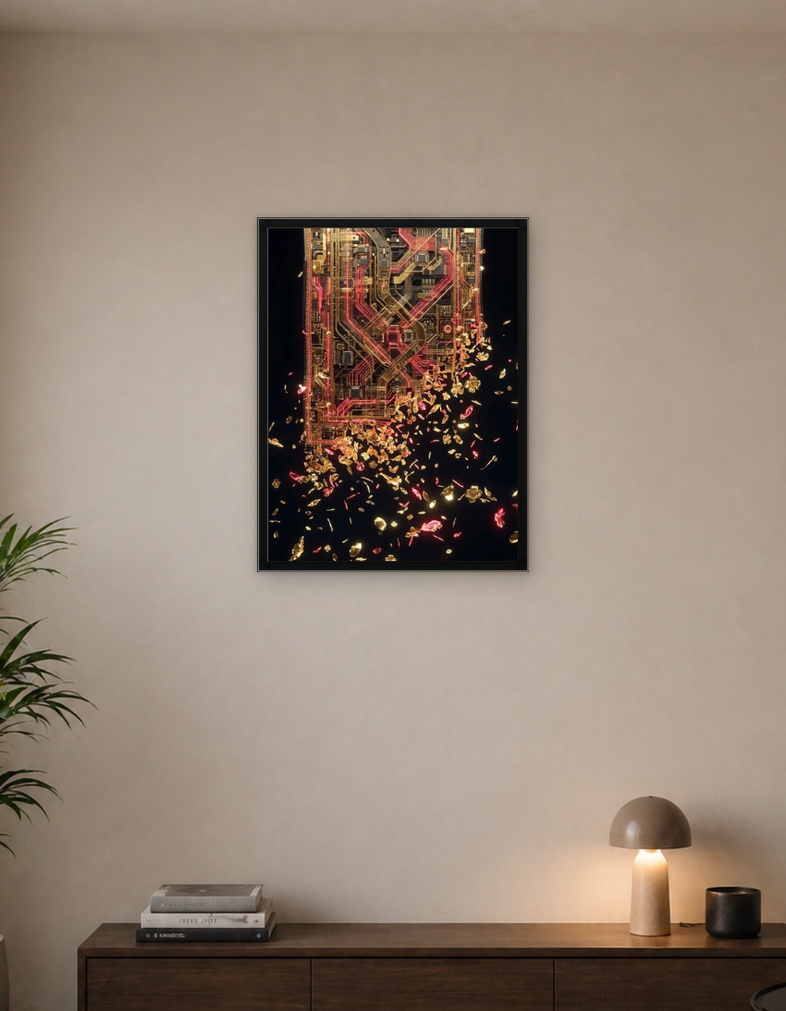 Abstract Circuit Board with Falling Petals
