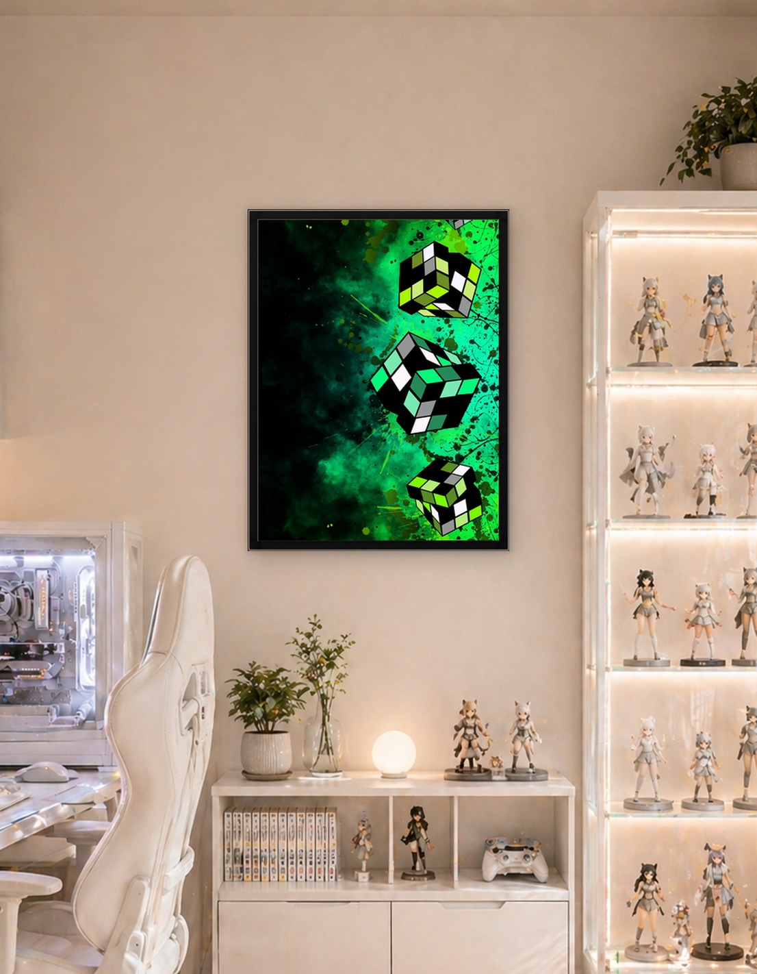 Abstract Cubes on Green Splatter Background