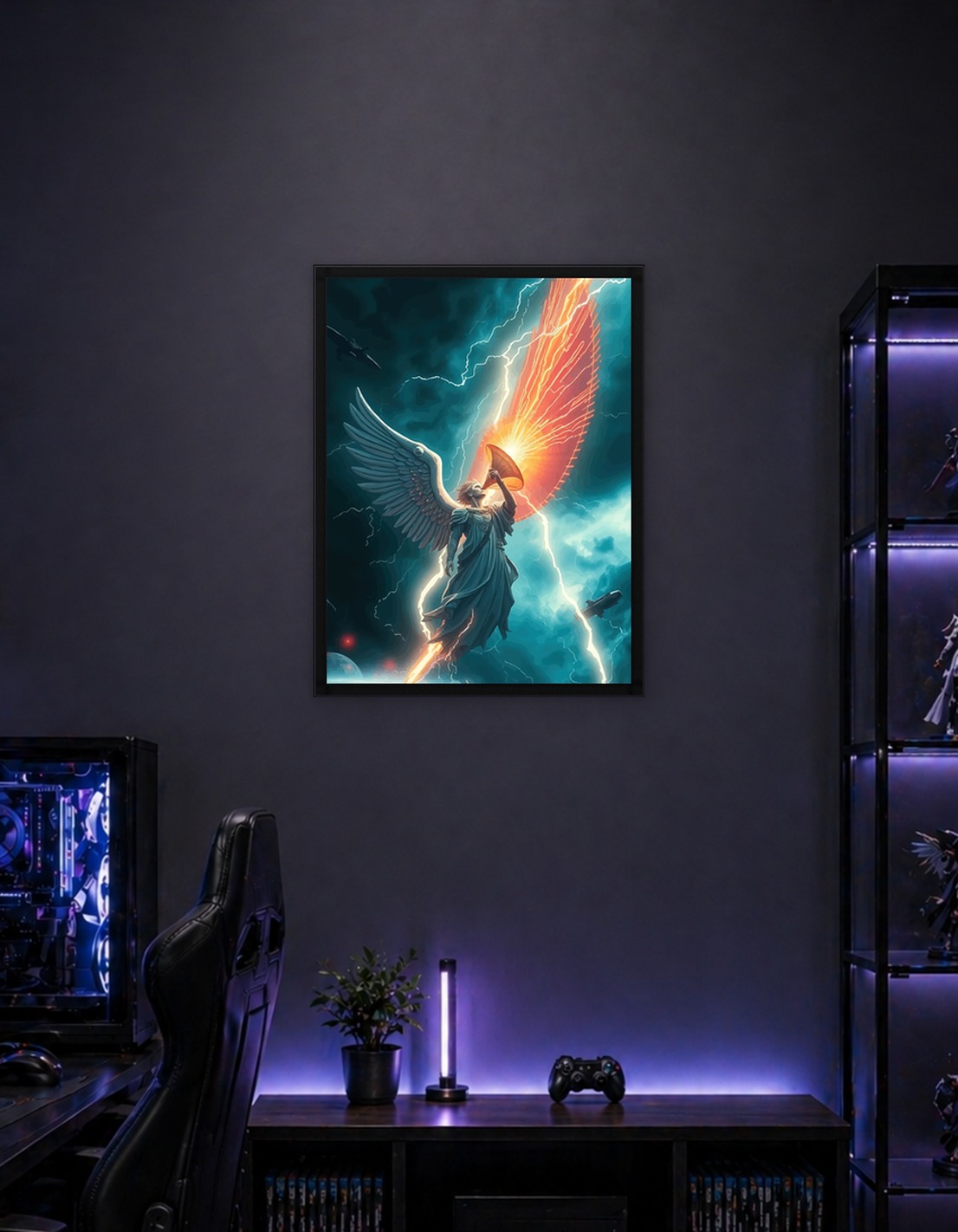 Angel blowing a horn in a storm