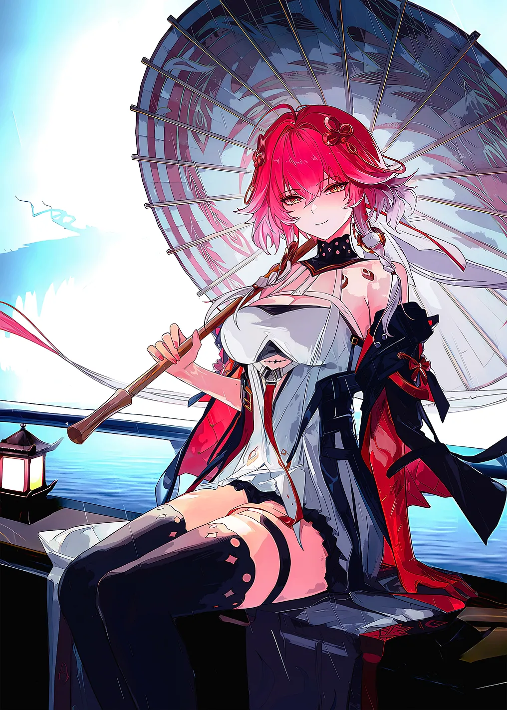 Anime Girl with Parasol by Water
