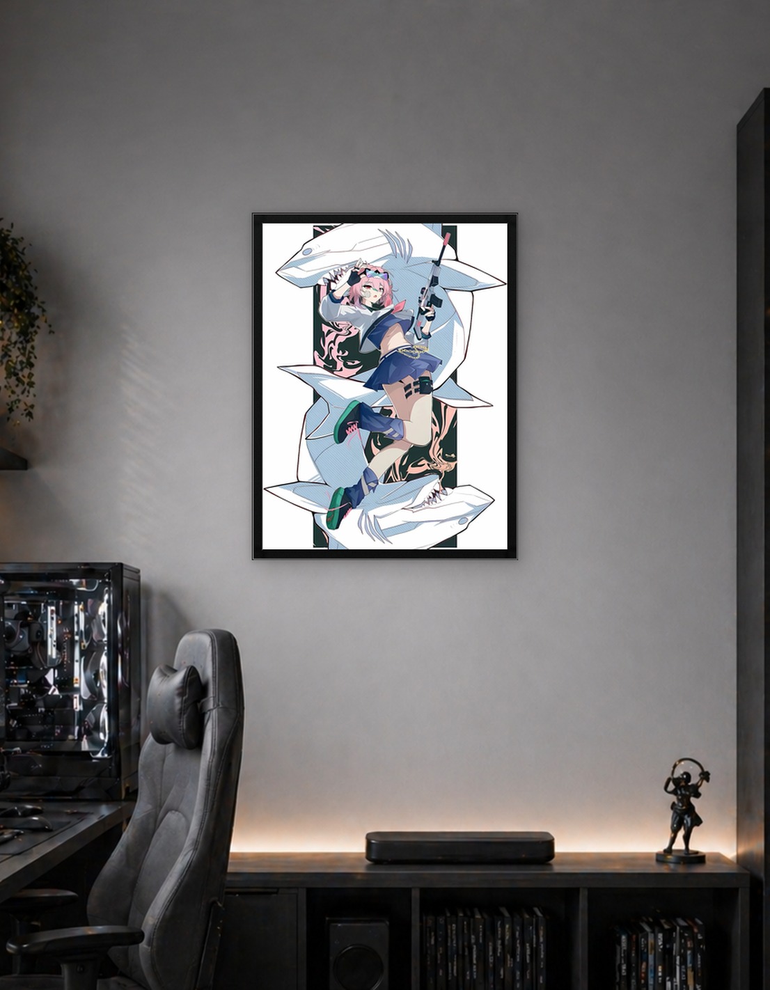 Anime Girl with Gun and Sharks