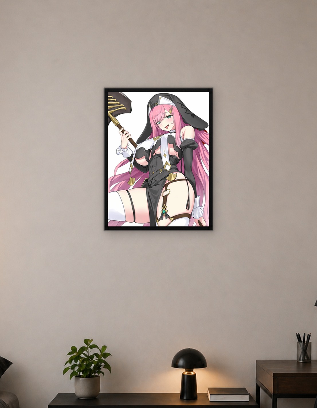 Anime Nun with Pink Hair and Axe