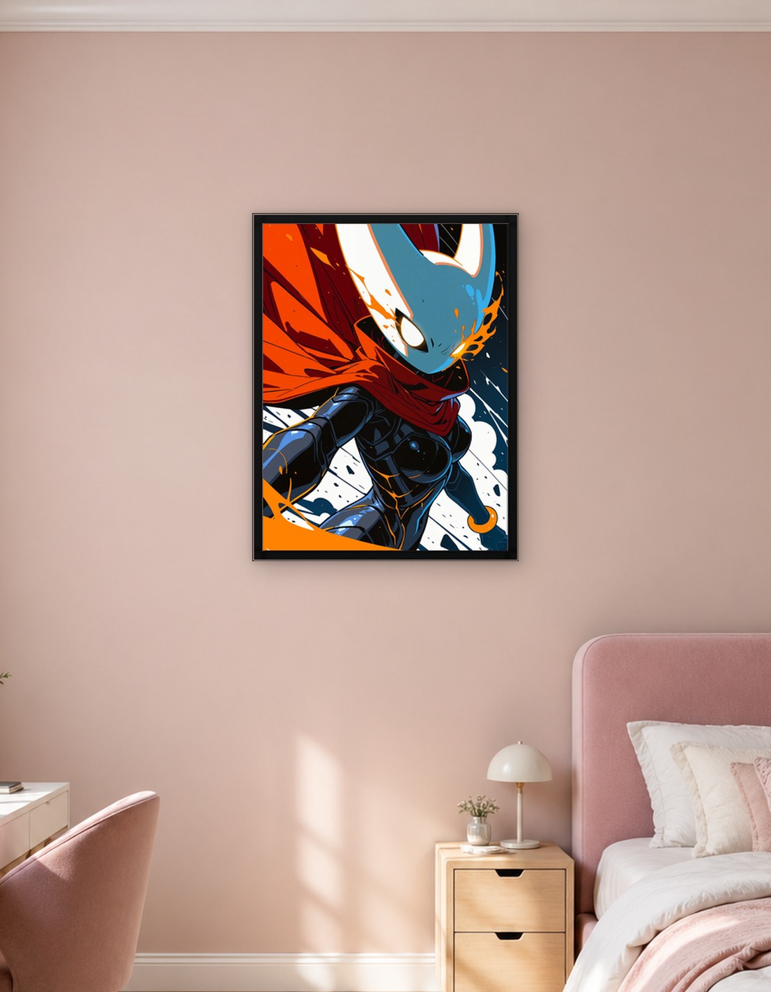 Anime Character with Red Cape and Blue Mask