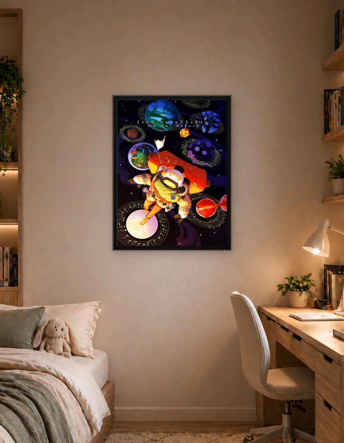 Astronaut floating among musical planets