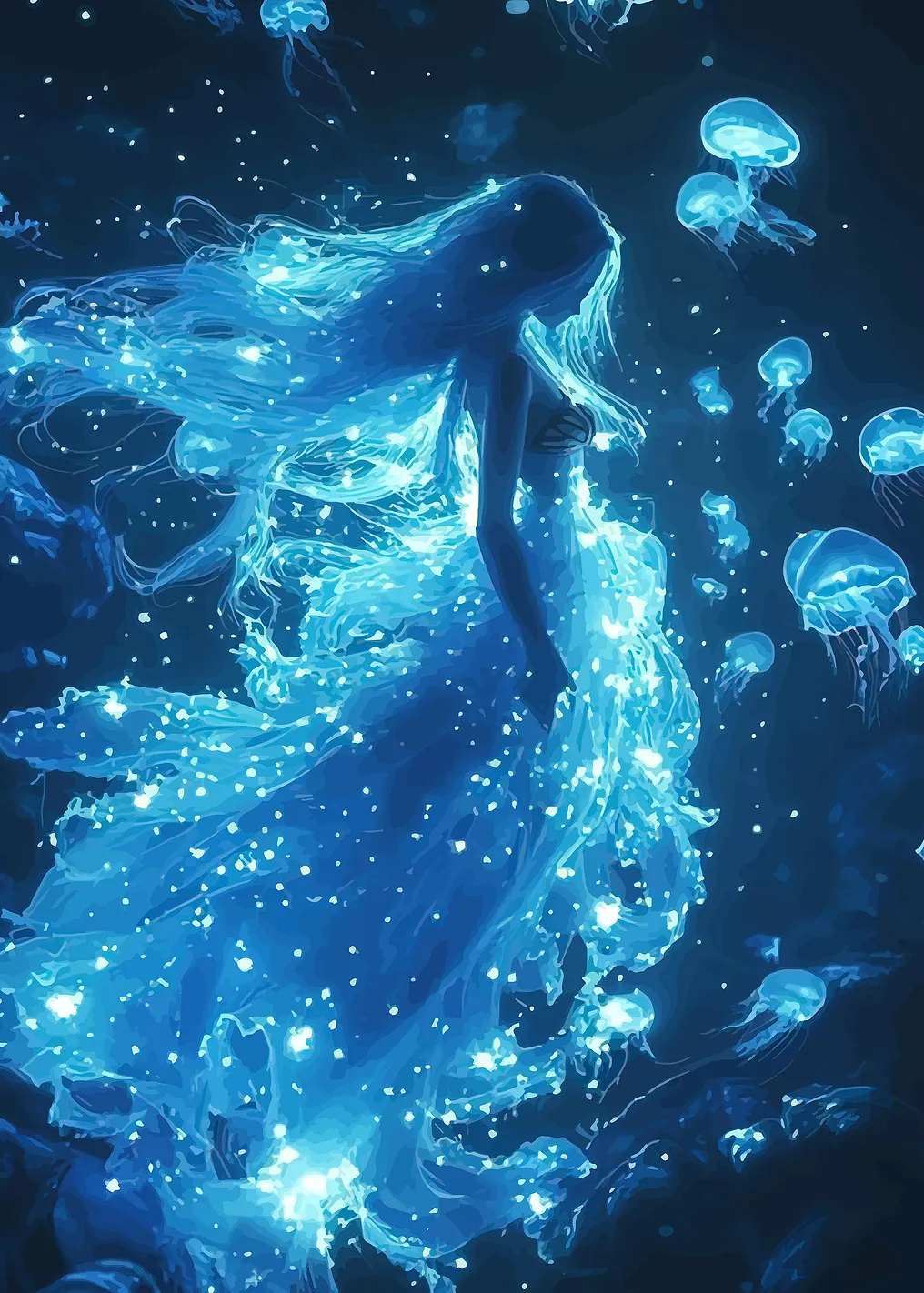 Bioluminescent Mermaid and Jellyfish