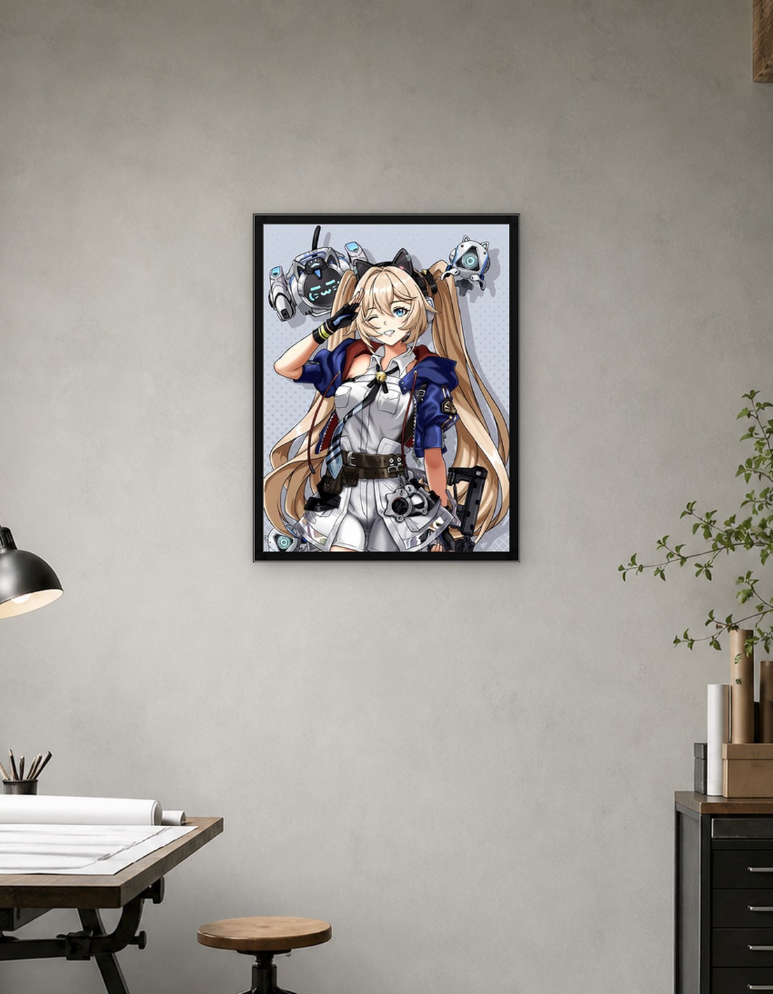 Anime Girl with Cat Ears and Robots