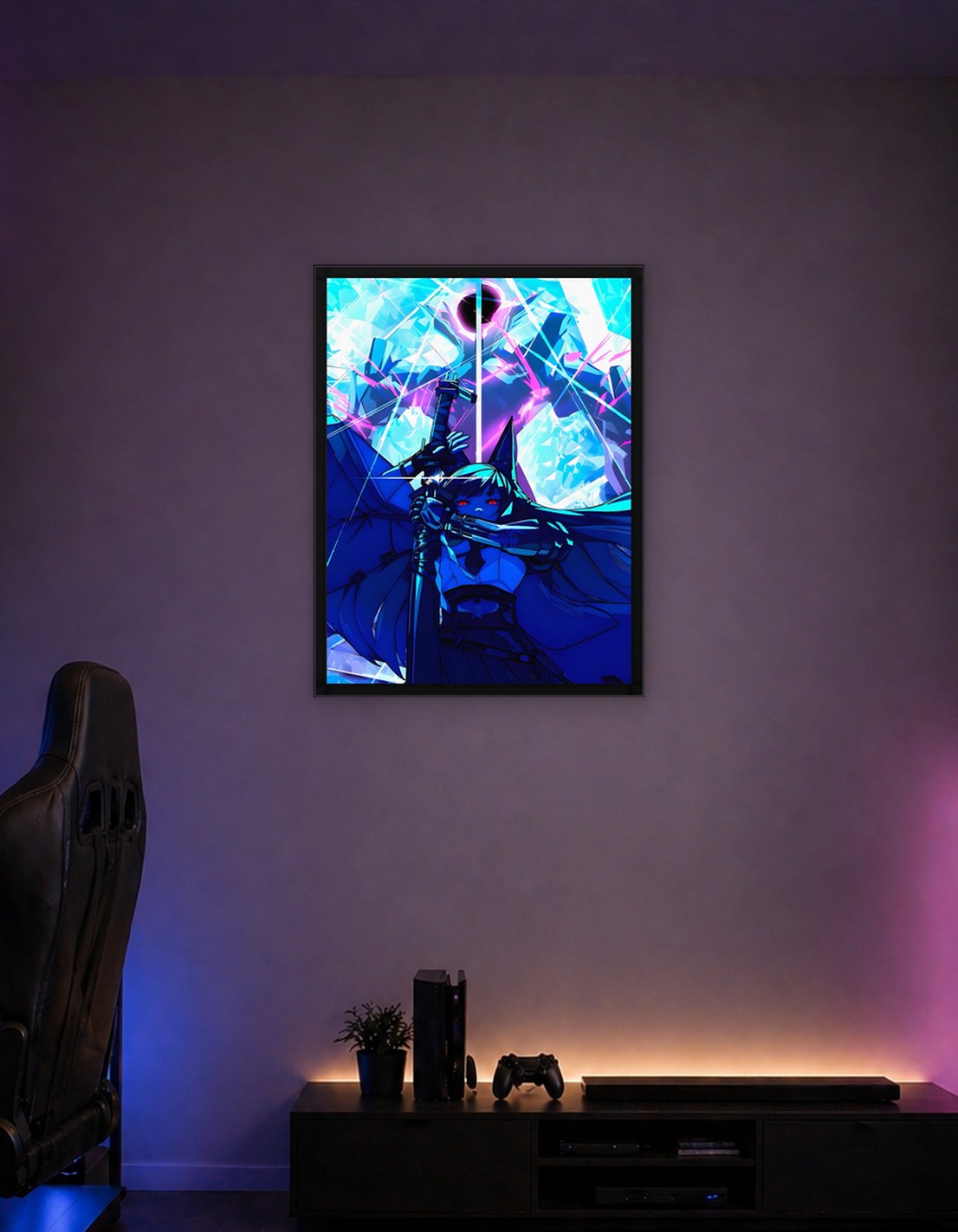 Anime Girl with Sword and Cosmic Background
