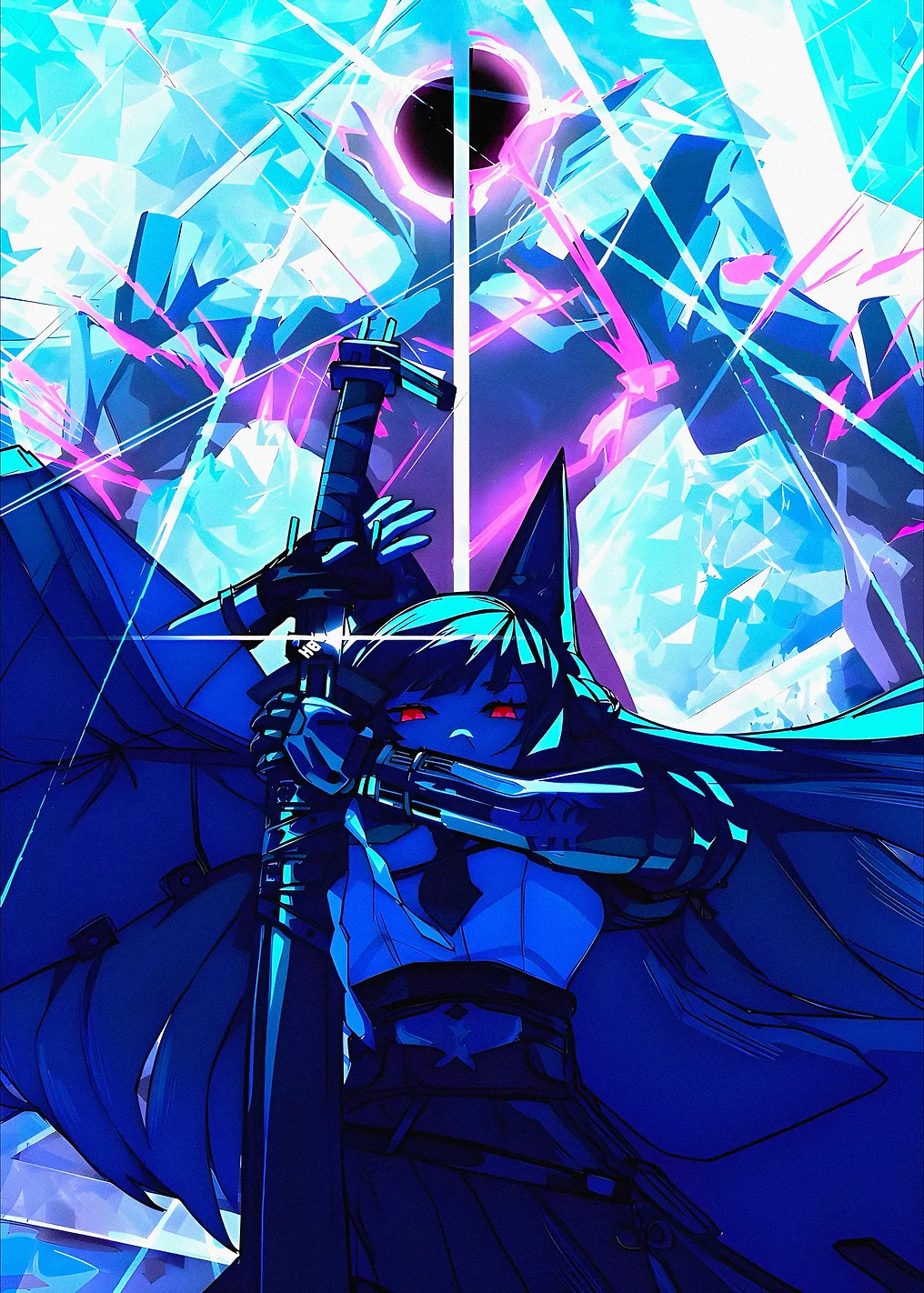 Anime Girl with Sword and Cosmic Background