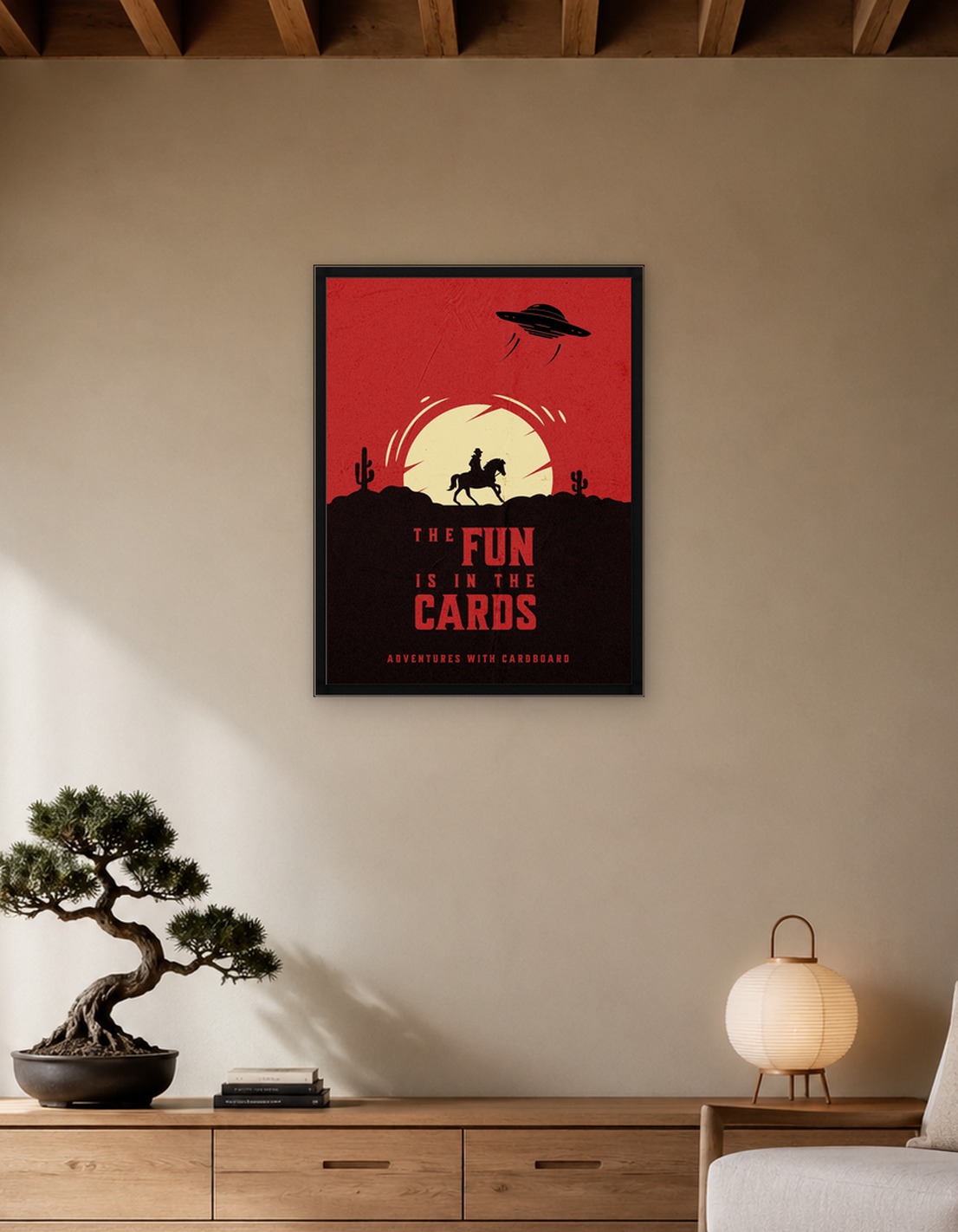 Board Game Room Decor Movie Poster; Cowboy and UFO in the Desert Board Game Room Decor