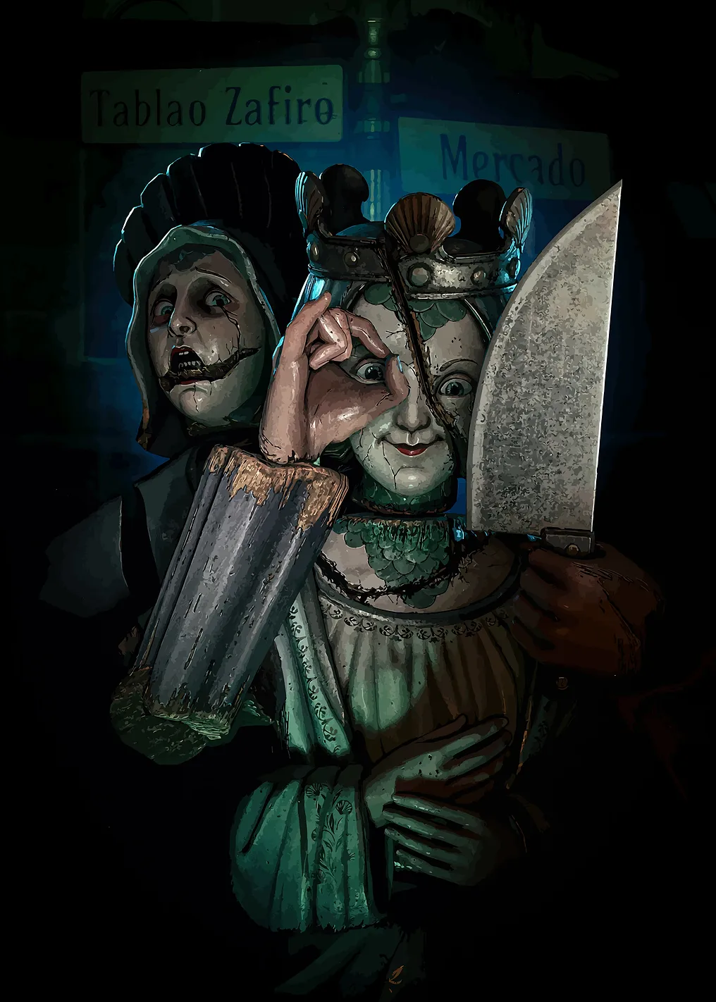Creepy Dolls with Knife and Sign
