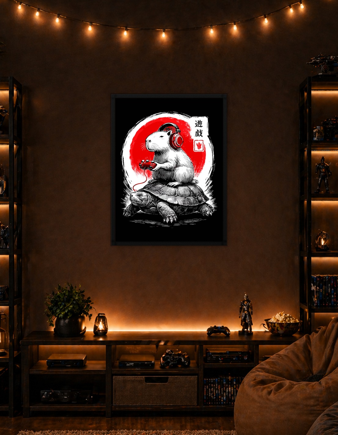 Capybara Gaming Poster, Japanese Style Animal Art, Turtle Rider Aesthetic Wall Print