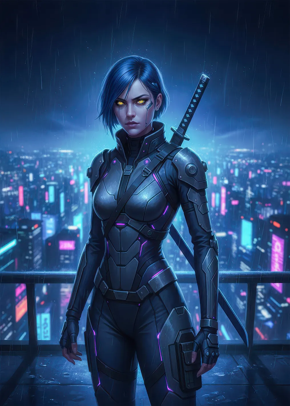 Cyberpunk Warrior in Rainy City