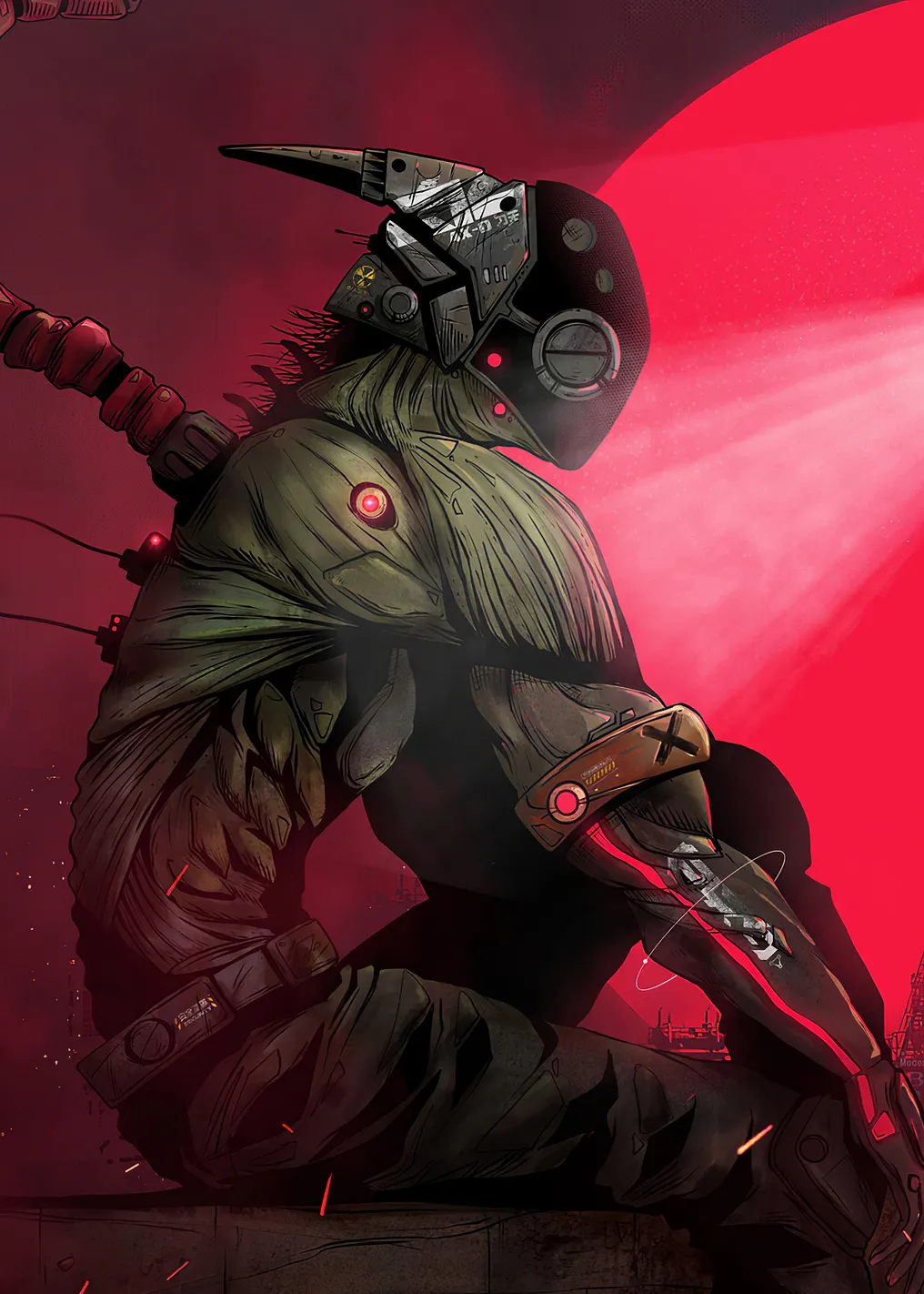 Cyberpunk Warrior with Red Moon