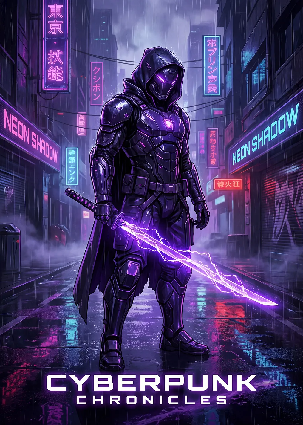 Cyberpunk Warrior with Neon Sword - 9684369