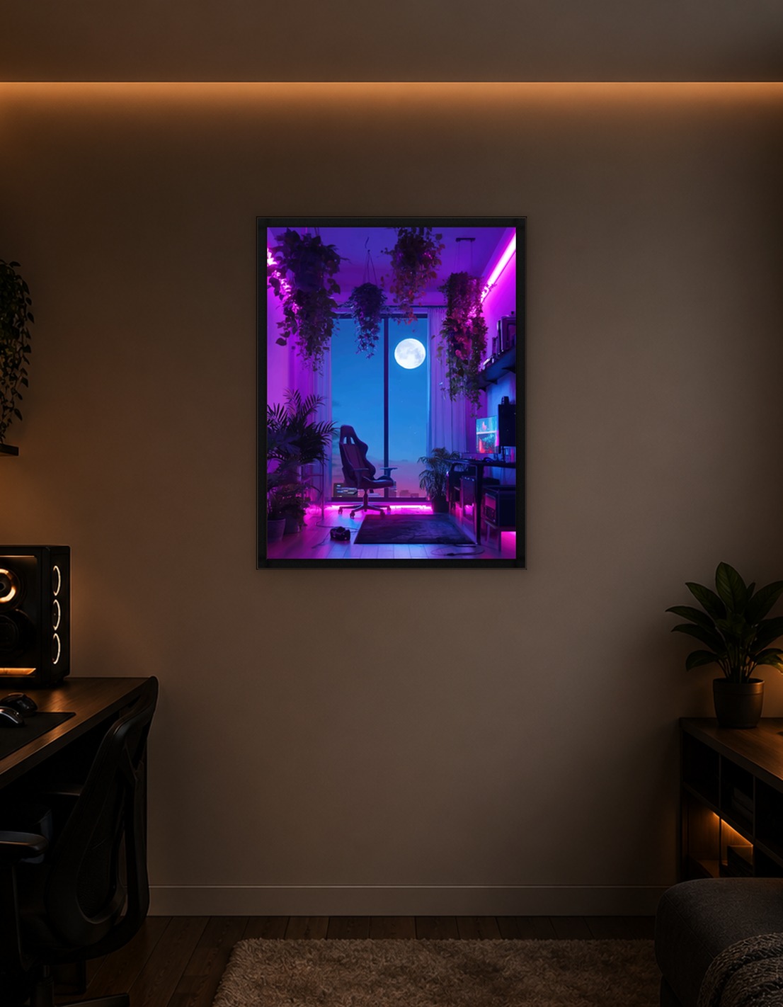 Cyberpunk Gaming Room with Moon View