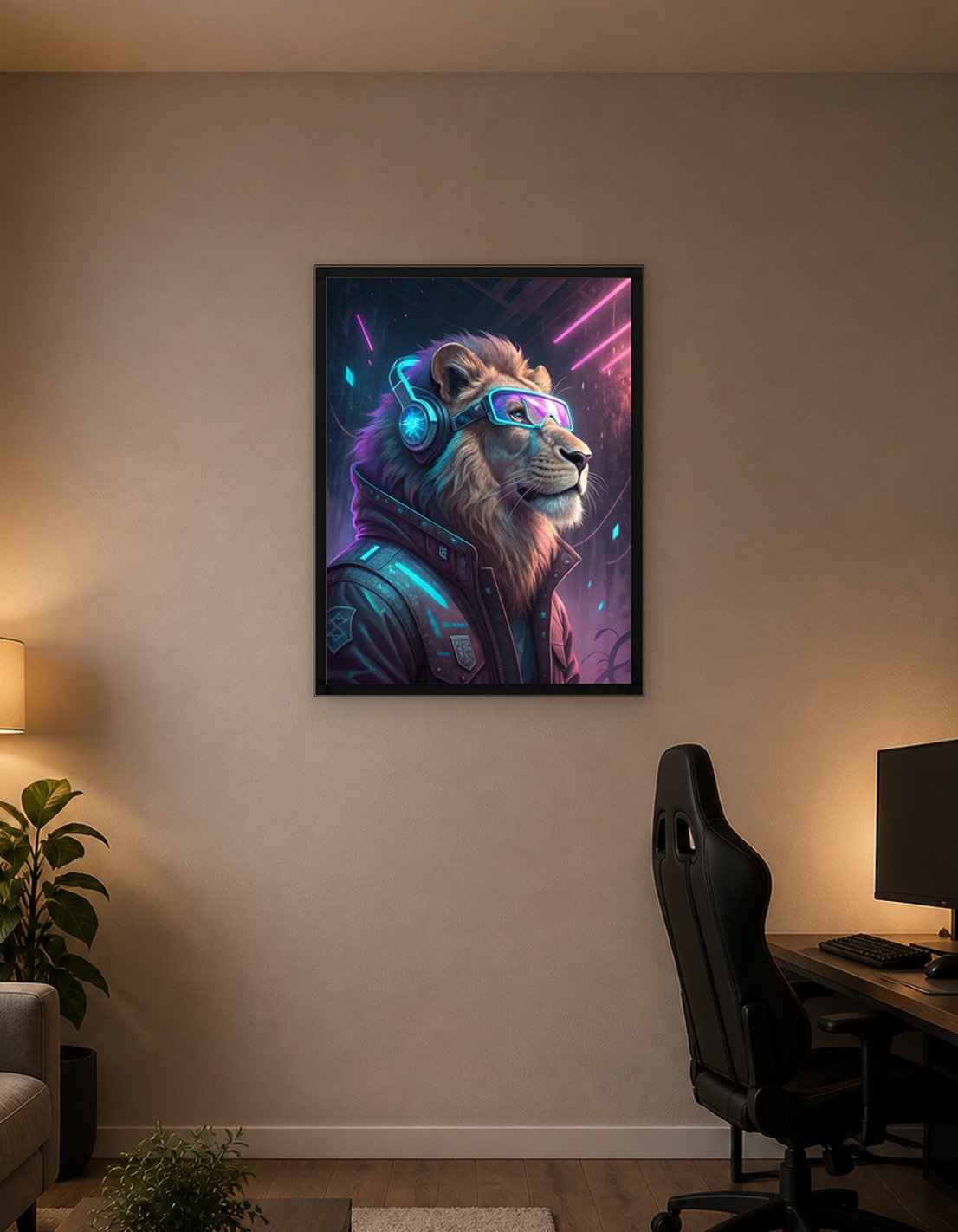 Cyberpunk Lion with Headphones and Goggles