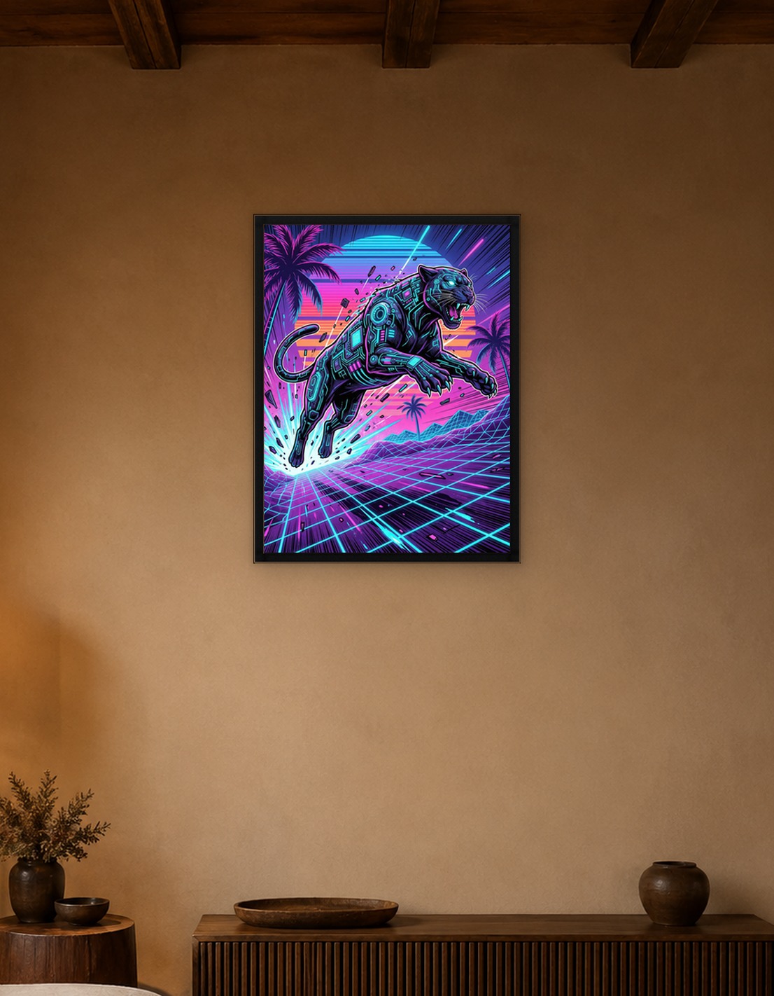 Cyberpunk Panther in Neon Grid Landscape