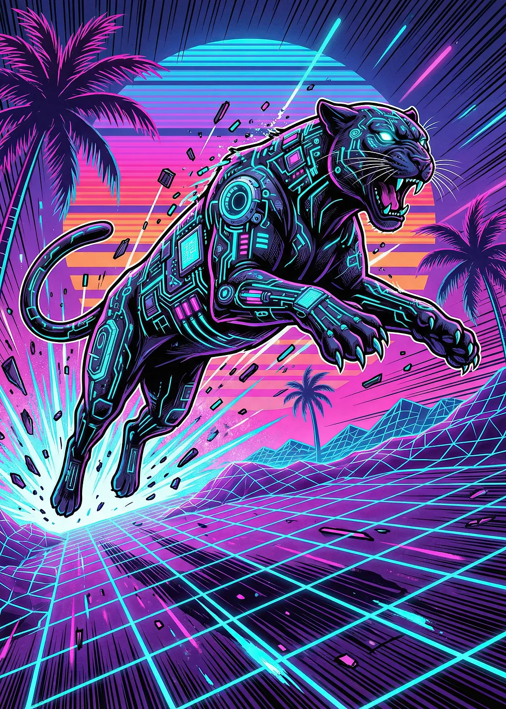 Cyberpunk Panther in Neon Grid Landscape