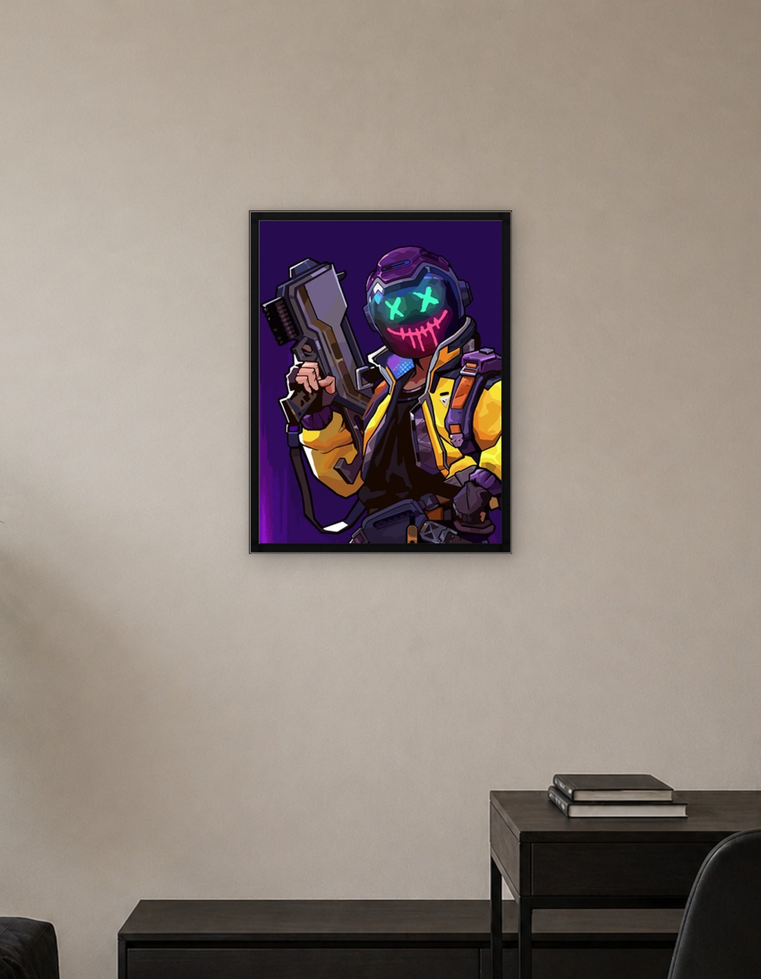 Cyberpunk character with glowing mask and gun
