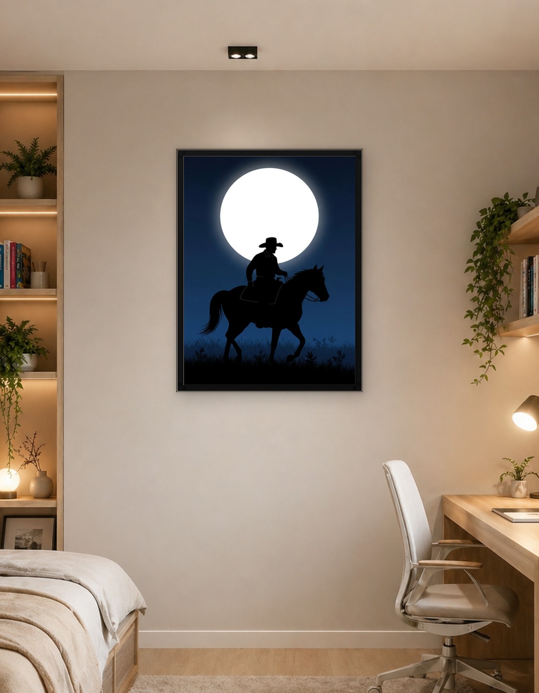 Cowboy riding horse under moon