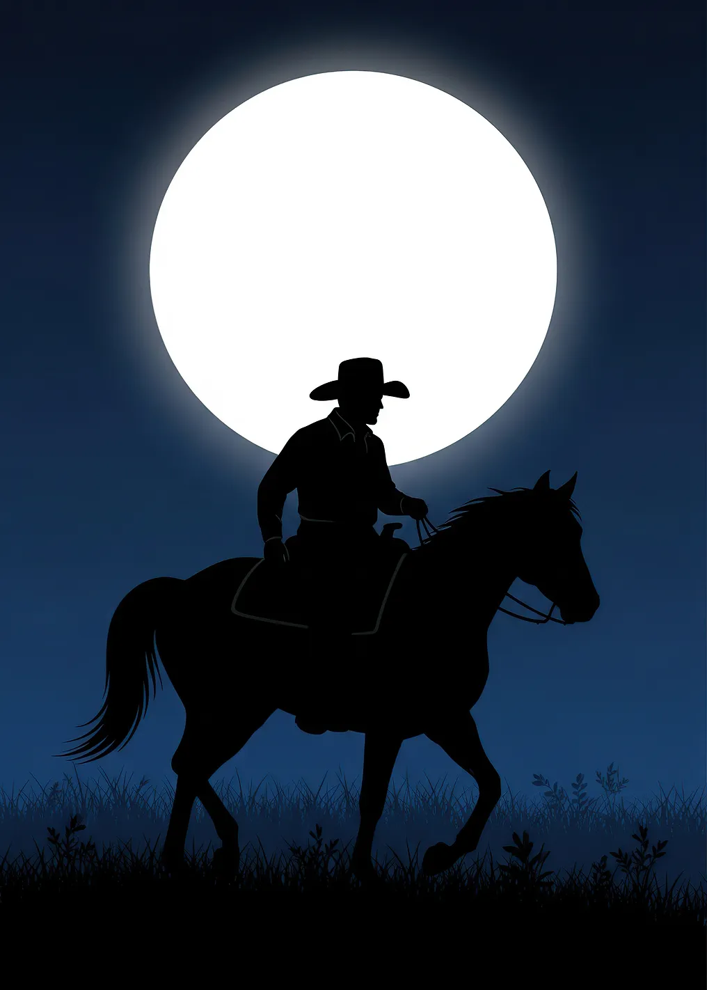 Cowboy riding horse under moon