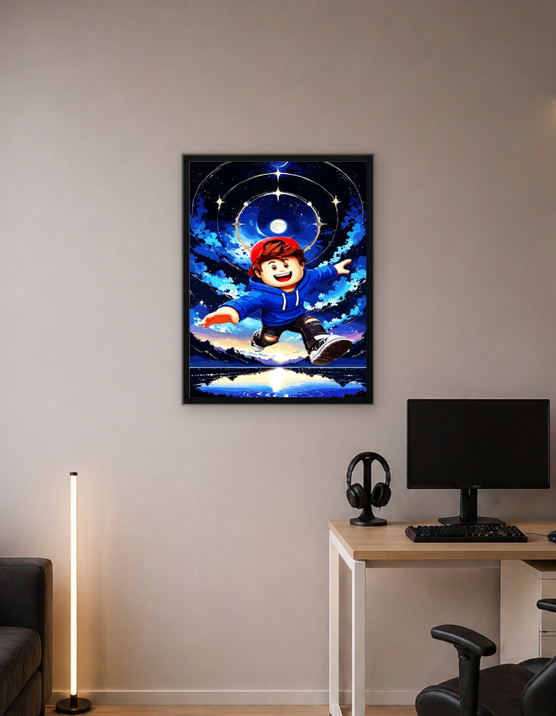 Boy in Space with Moon and Stars
