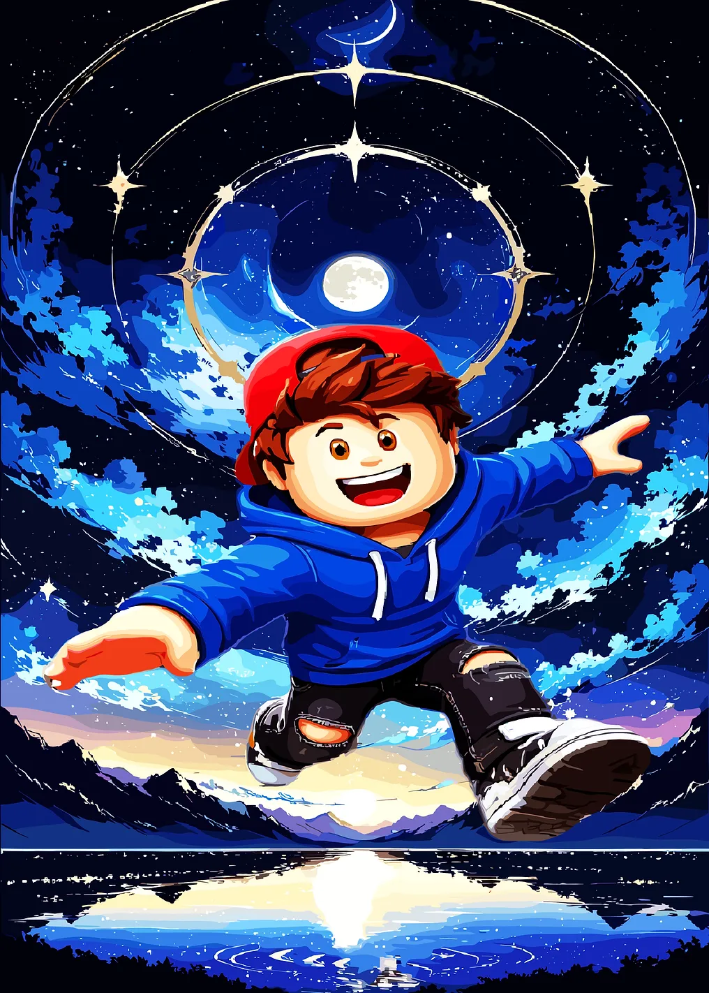 Boy in Space with Moon and Stars