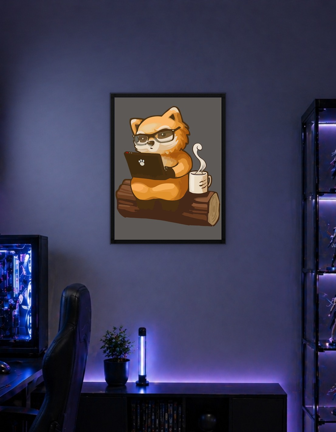 Cute Fox Working on Laptop with Coffee
