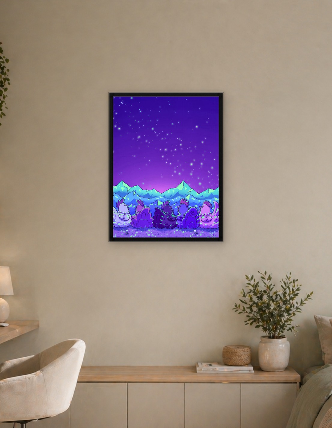Cute Chickens Under a Starry Sky