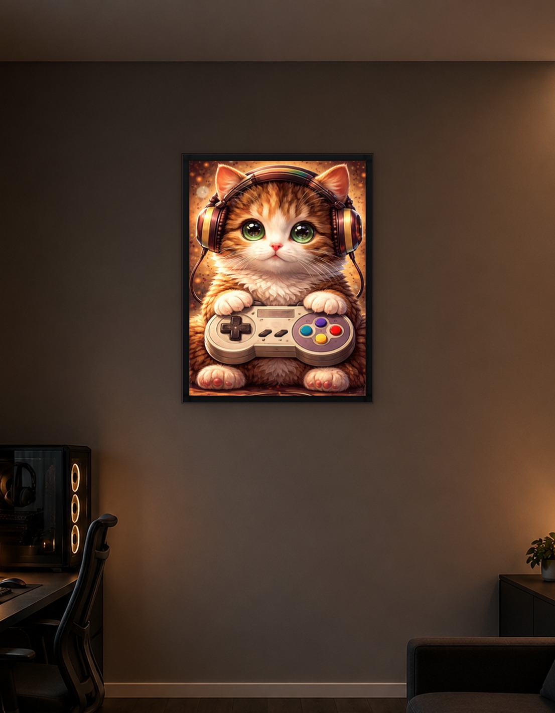 Cute Cat Gamer with Headphones and Controller