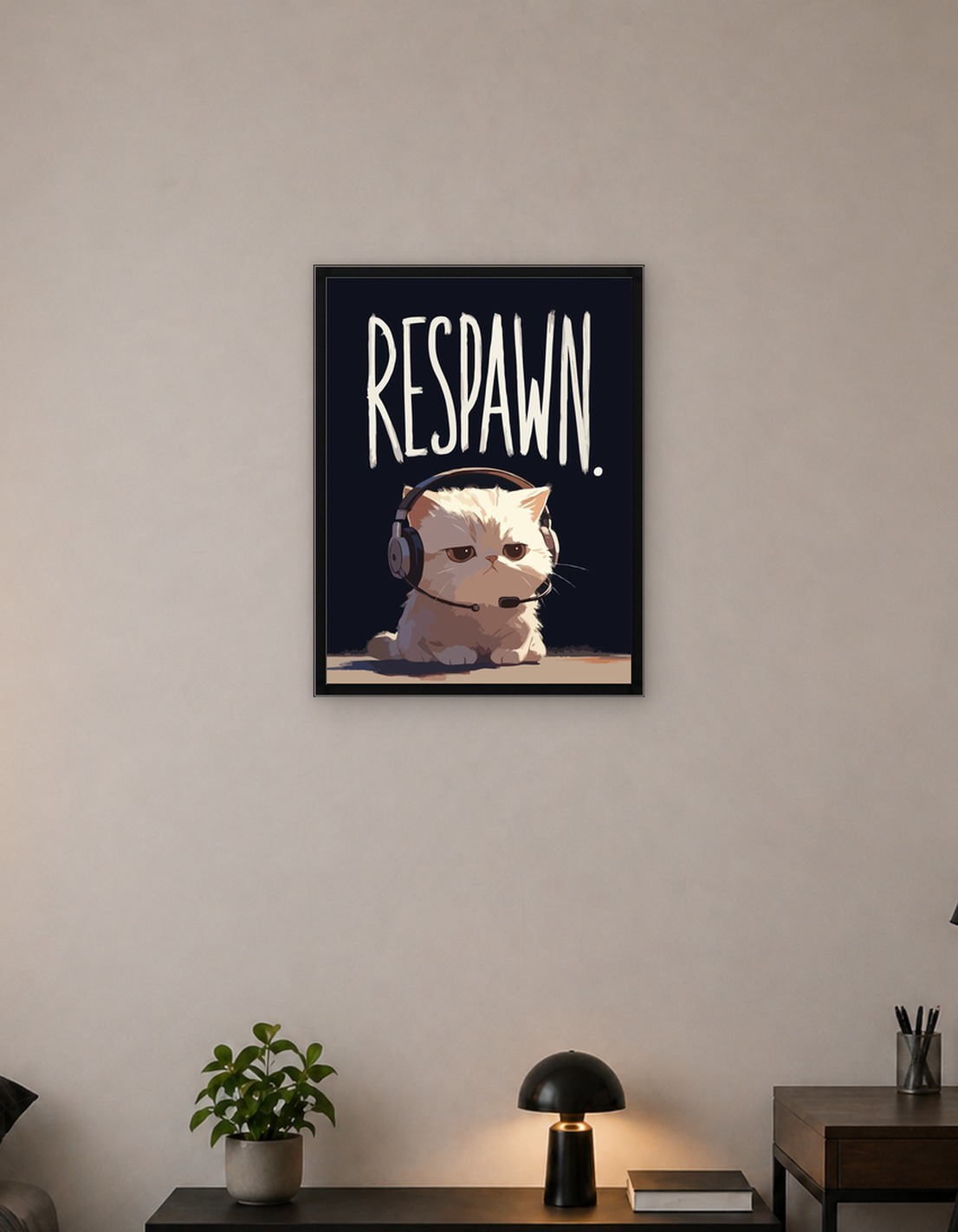 Cute Cat Gamer with 'RESPAWN' Text
