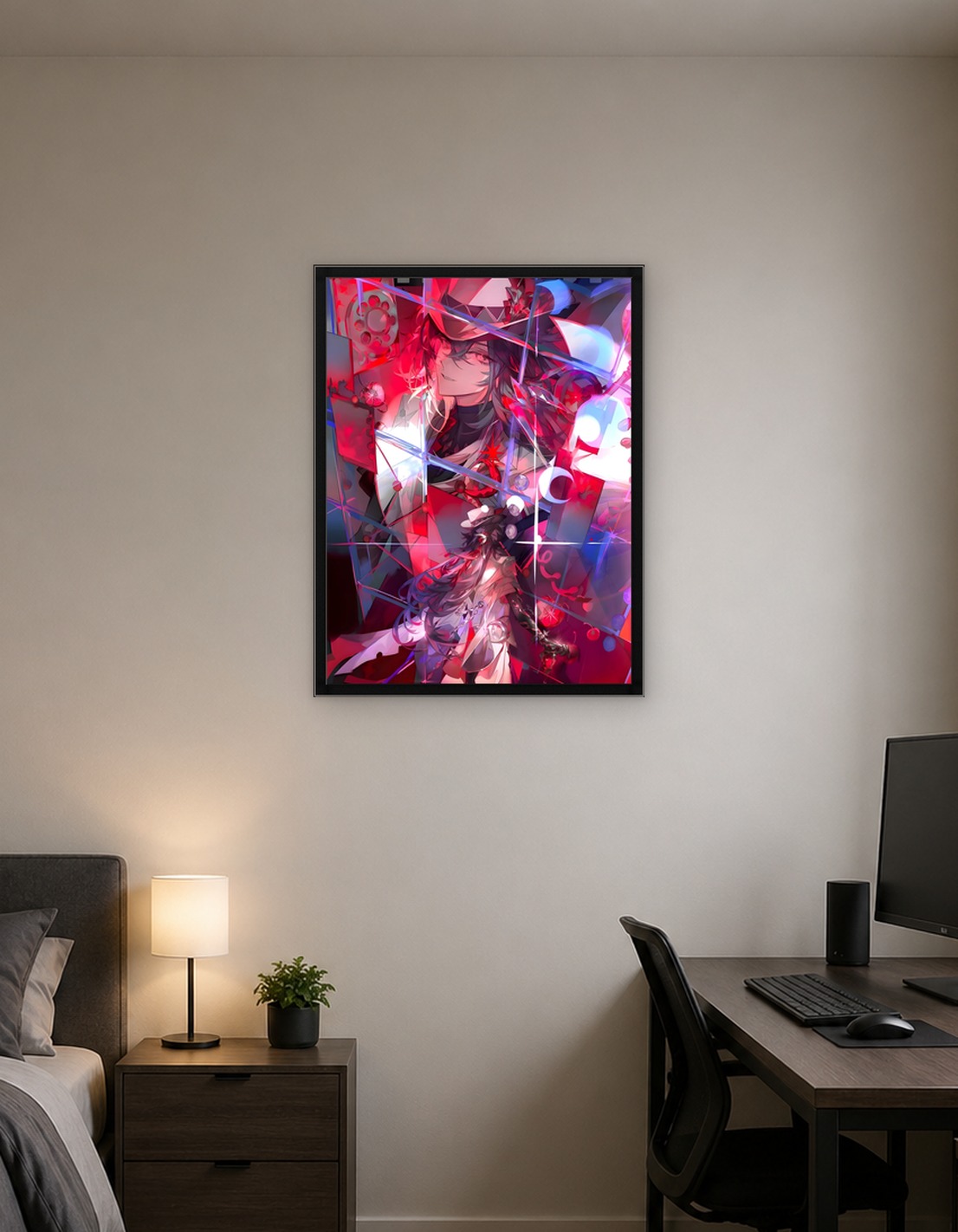 Anime Character in Abstract Red and Blue