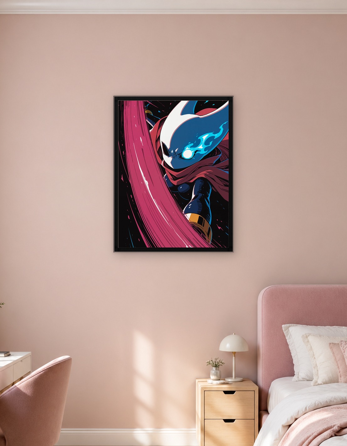 Character with glowing eyes and red cape